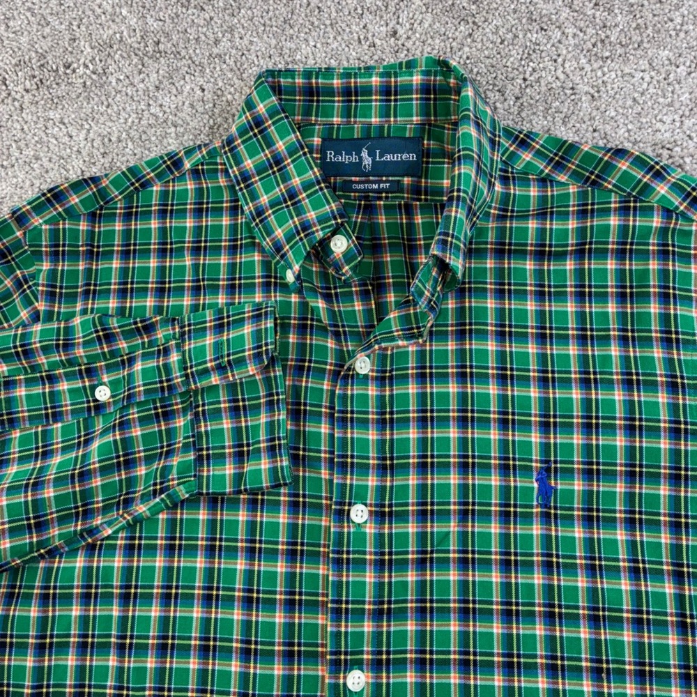 Ralph Lauren Custom Fit Plaid Button Down Shirt Mens L Green Plaid Preppy Pony